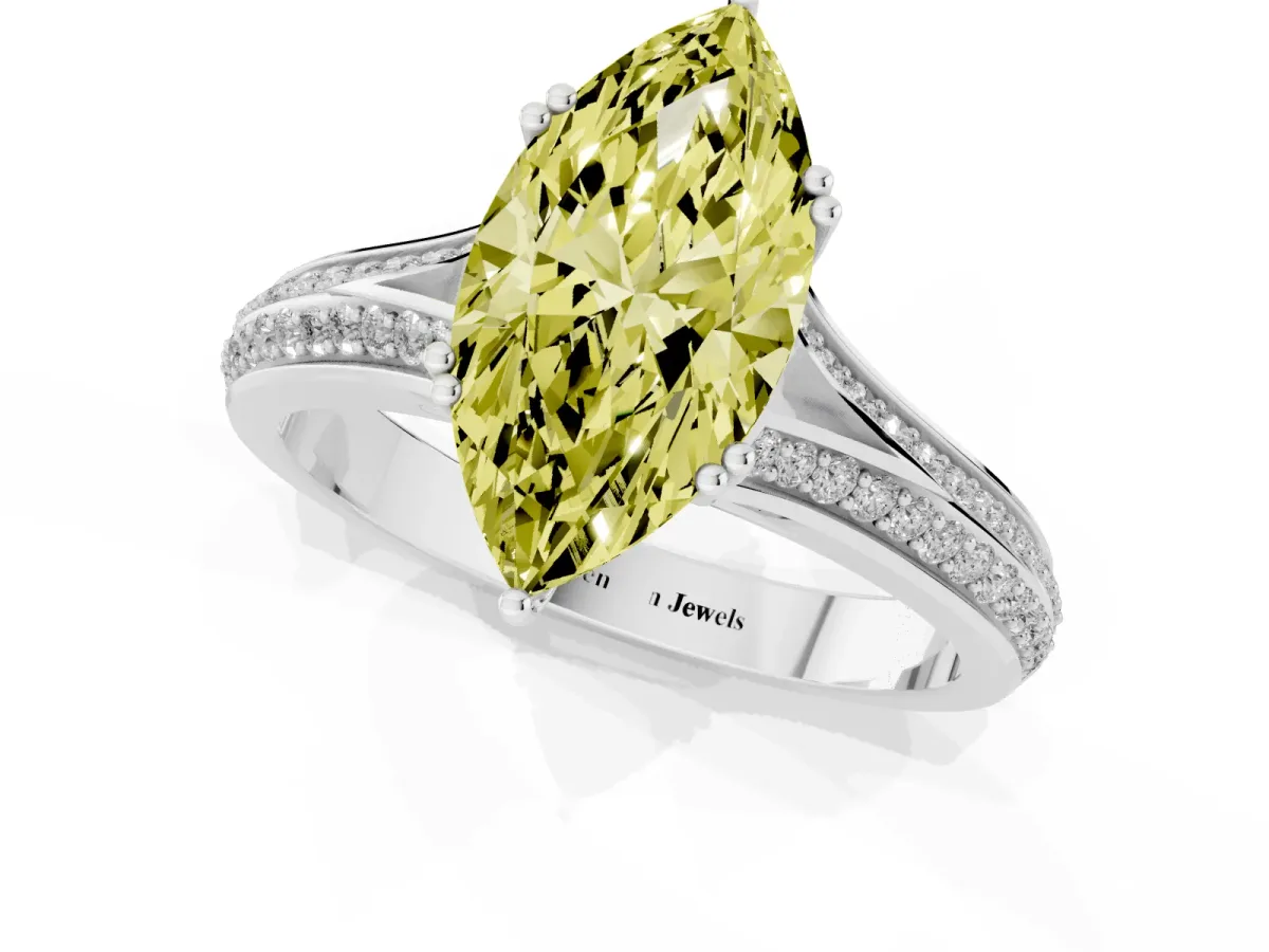 Fancy Yellow Marquise Cut Diamond Split Shank Engagement Ring with Pavé Band Silver