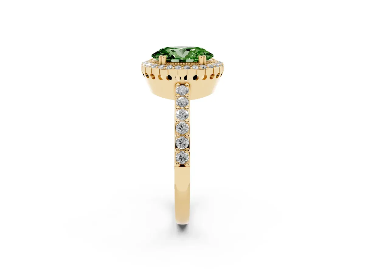 Fancy Green Oval Cut Cut Diamond Halo Engagement Ring with Milgrain Detail and Pavé Band Yellow gold