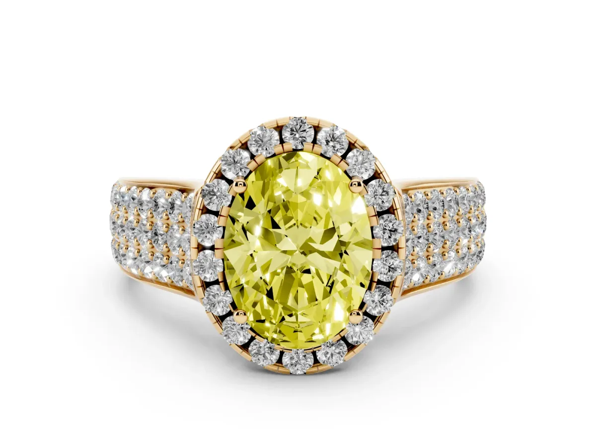 Fancy Yellow Oval Cut Halo Round Diamond Pave Band with Prong Setting Yellow gold