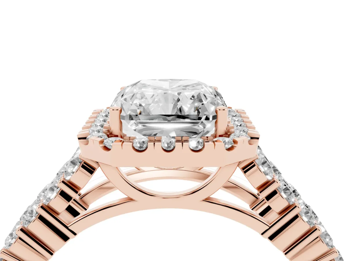 Radiant Cut Diamond Halo Engagement Ring with Triple Row Round Pavé Band and Prong Setting Rose gold