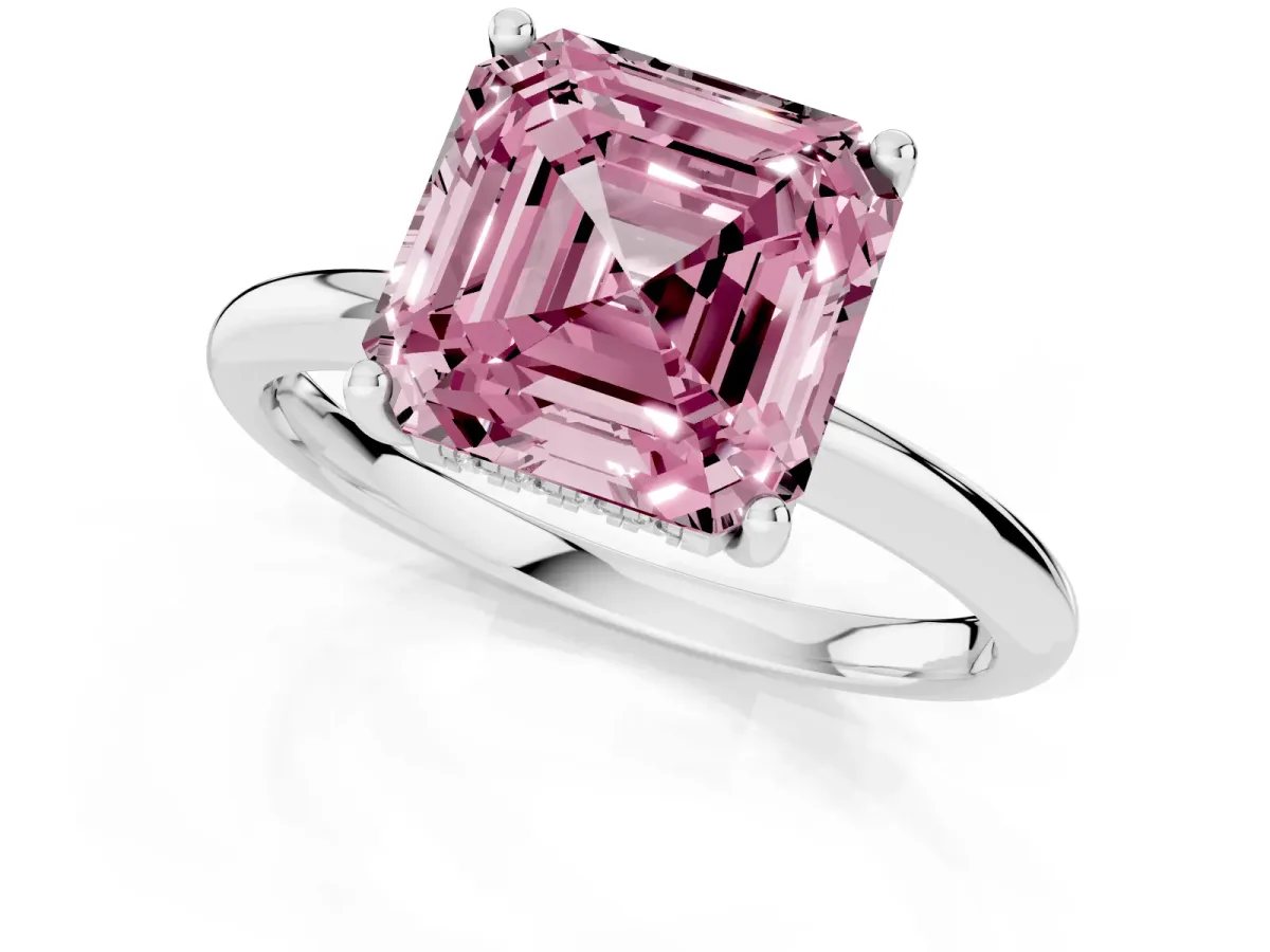Fancy Pink Asscher Cut Cut Solitaire Engagement Ring with Four-Prong Setting and Classic Band White gold