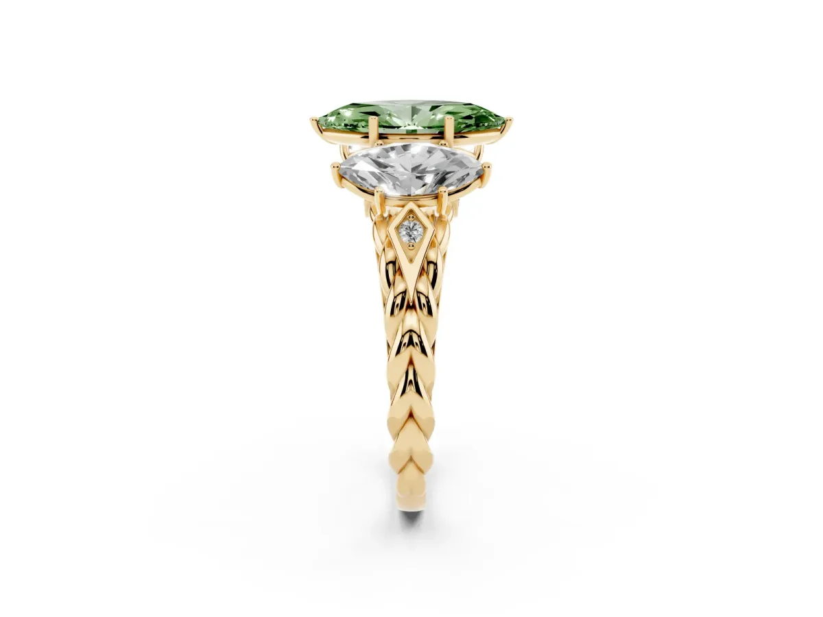 Fancy Green Three-Stone Marquise Cut Diamond Braided Band Ring with Four-Prong Setting Yellow gold