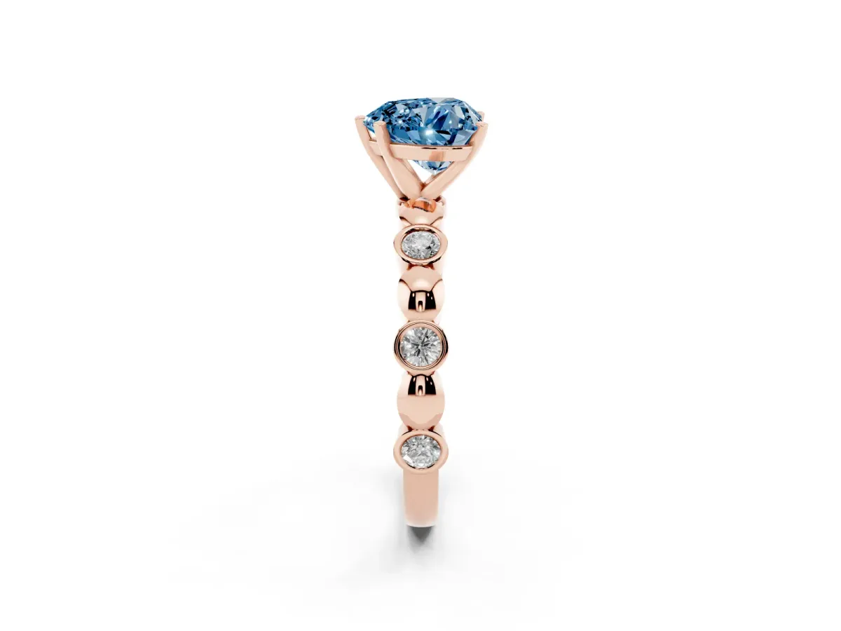 Fancy Blue Heart Cut Solitaire Bezel-Set Diamond Ring with Beaded Band and Four-Prong Setting Rose gold