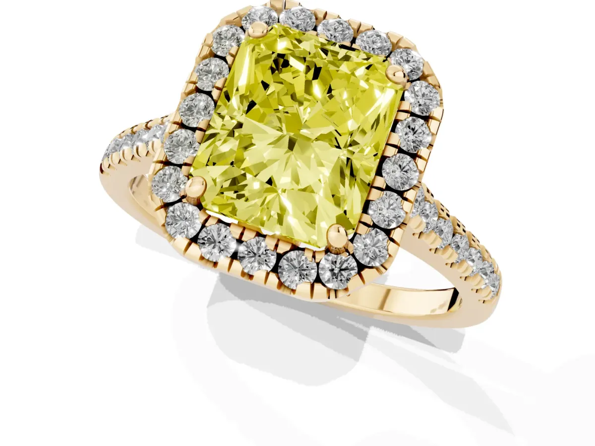 Fancy Yellow Radiant Cut Diamond Cushion Halo Ring with Pavé Band Yellow gold
