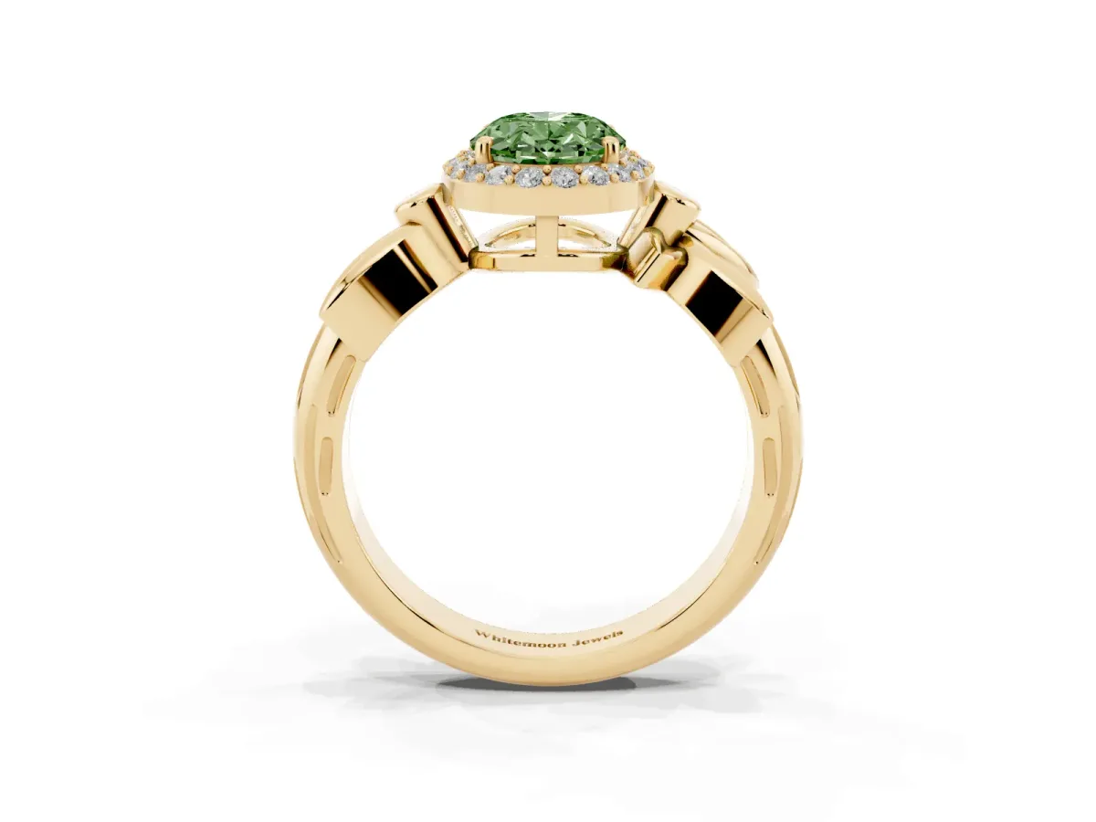 Fancy Green Oval Cut Halo Diamond Floral Band with Four-Prong Setting Yellow gold