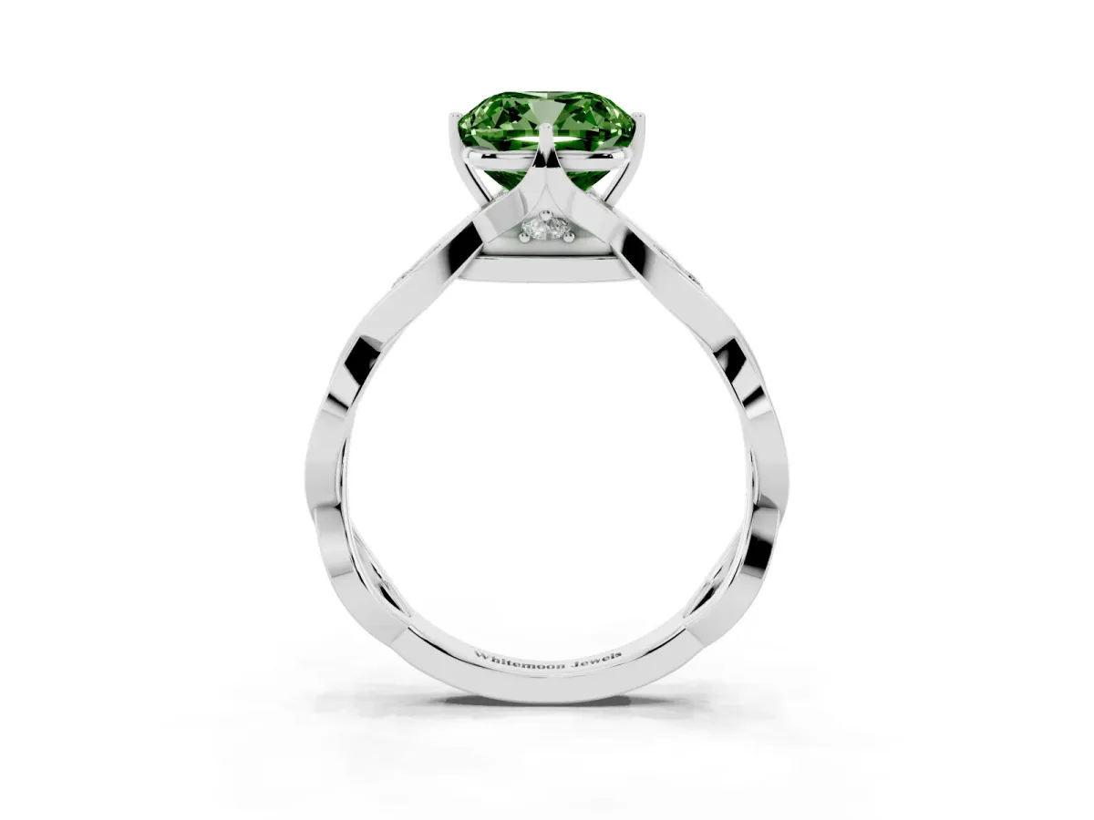Fancy Green Cushion Cut Solitaire Twist Band with Leaf Prong Setting Silver