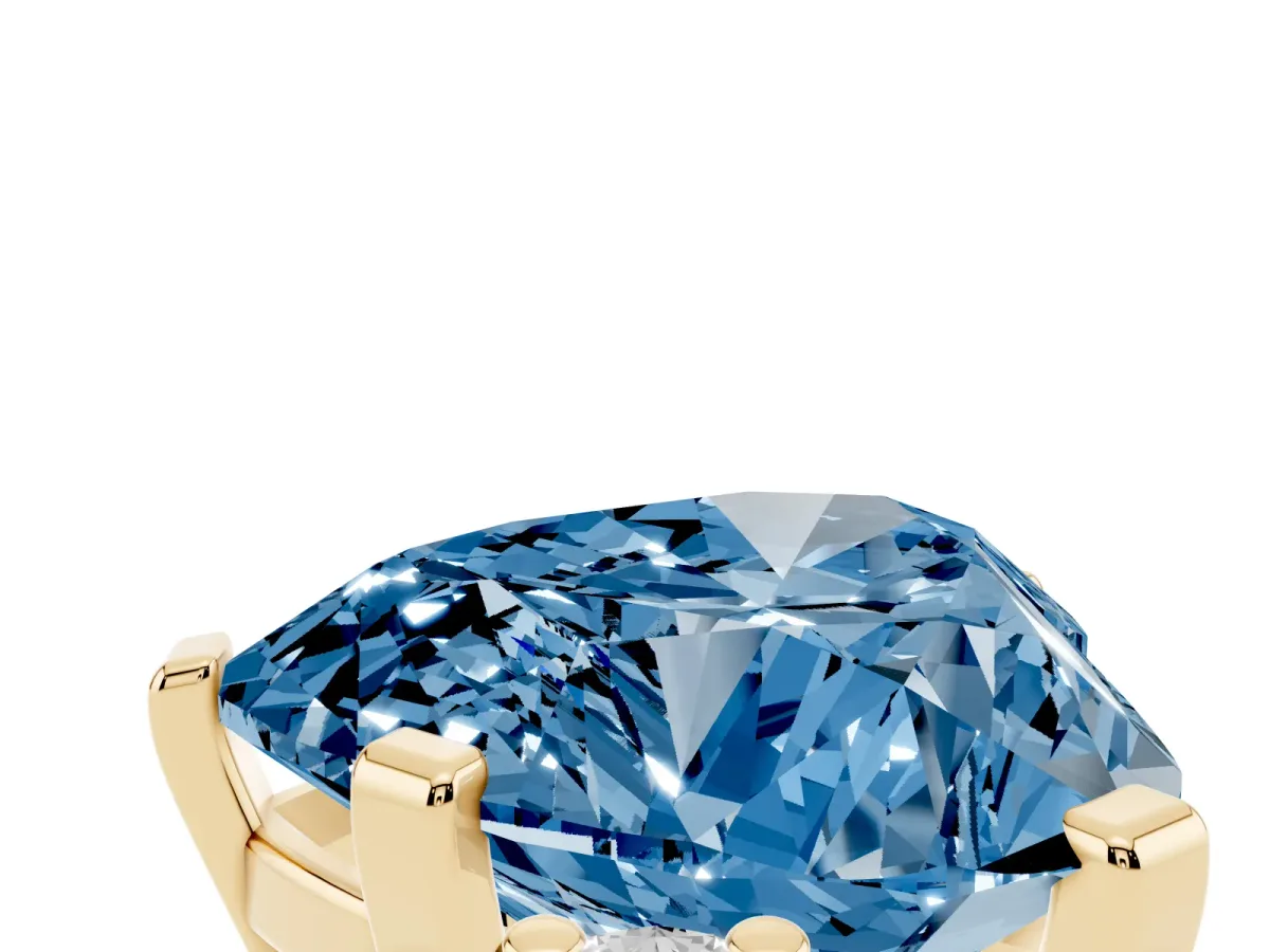 Fancy Blue Heart Cut Cut Three-Stone Solitaire Ring with Round Accent Diamonds and Four-Prong Setting Yellow gold