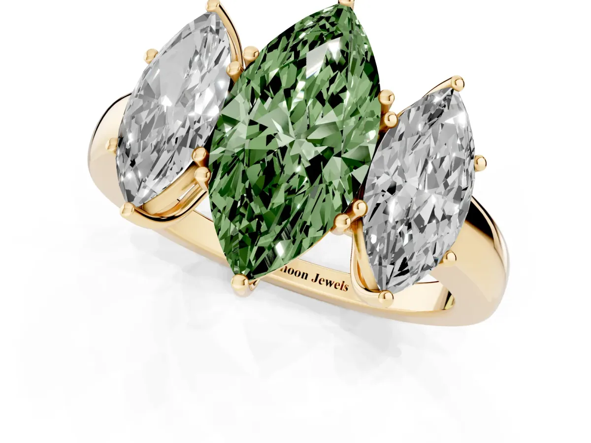 Fancy Green Marquise Cut Diamond Three-Stone Ring with Four-Prong Setting and Classic Band Yellow gold