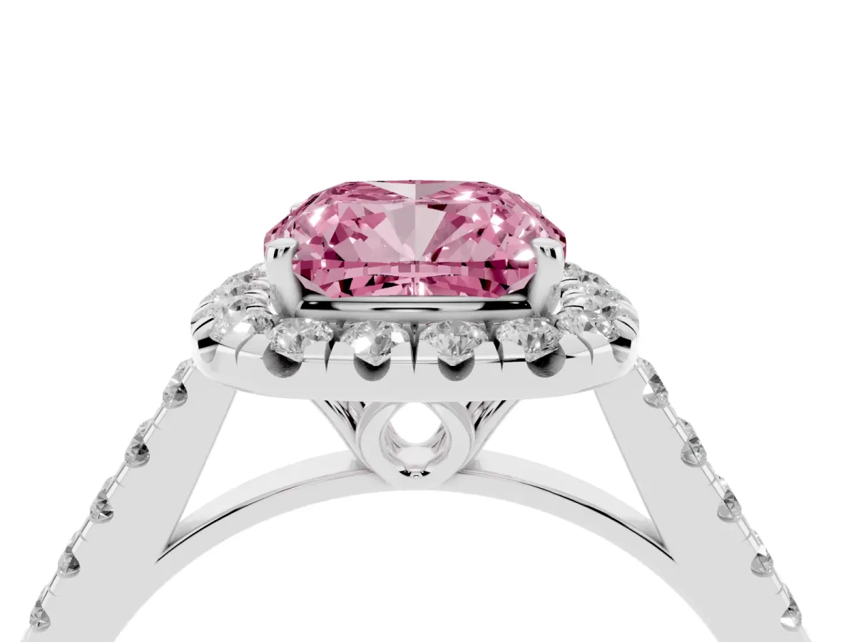 Fancy Pink Cushion Cut Halo Pavé Diamond Engagement Ring with Four-Prong Setting Silver