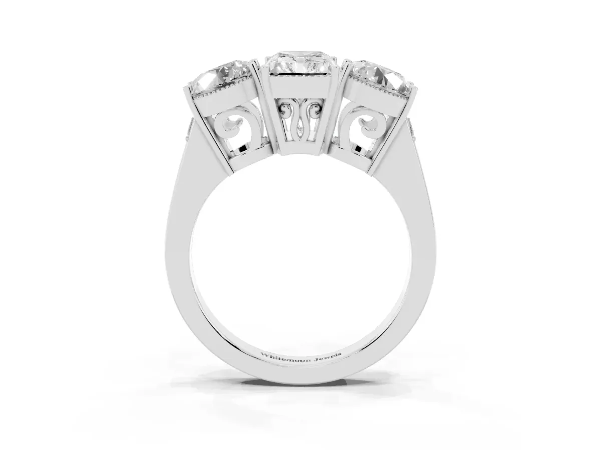 Three-Stone Radiant Cut Diamond Engagement Ring with Prong Setting on a Classic Band Silver