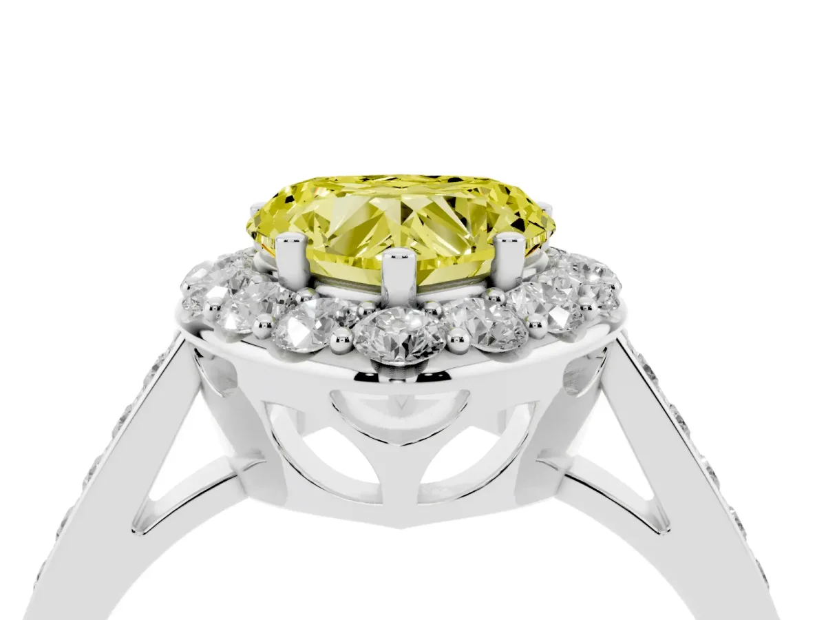 Fancy Yellow Heart Cut Diamond Floral Halo Ring with Pavé Band and Prong Setting Platinum