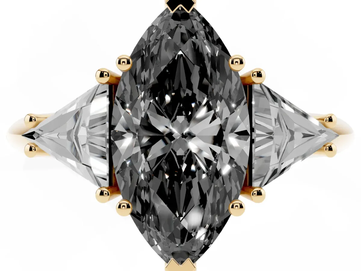 Fancy Black Three-Stone Marquise Cut Diamond Engagement Ring with Trillion Side Stones and Prong Setting Yellow gold