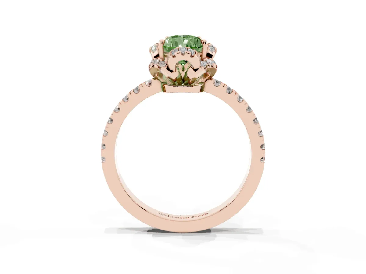 Fancy Green Pear Cut Diamond Halo Pave Band with Four-Prong Setting Rose gold