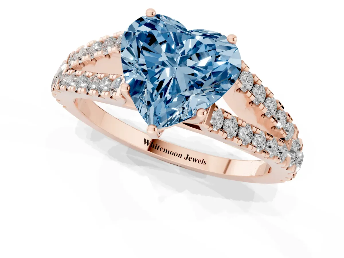 Fancy Blue Heart Cut Diamond Split Shank Engagement Ring with Round Pavé and Prong Setting Rose gold