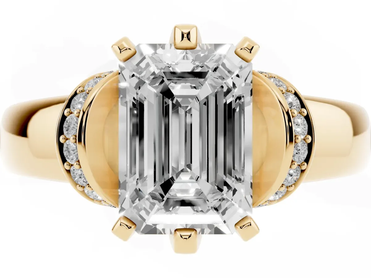 Emerald Cut Solitaire Diamond Ring with Pave Band and Six-Prong Setting Yellow gold