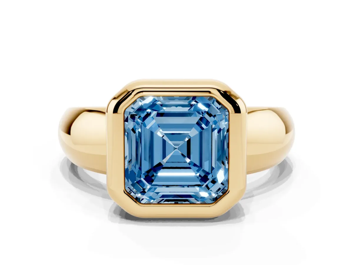 Fancy Blue Bezel Set Asscher Cut Solitaire Ring with Wide Band Yellow gold