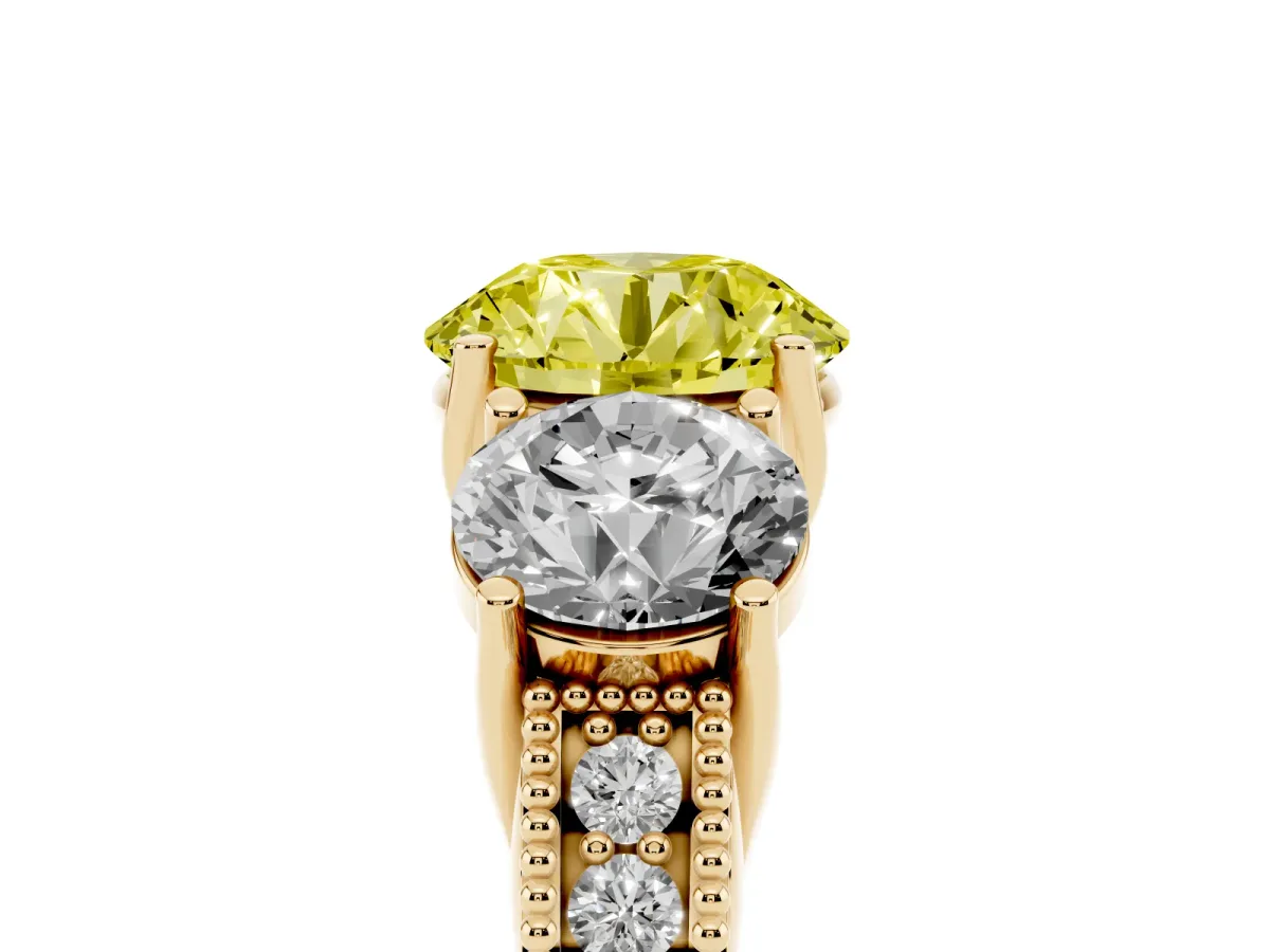 Fancy Yellow Three-Stone Round Cut Cut Milgrain Pavé Engagement Ring Yellow gold