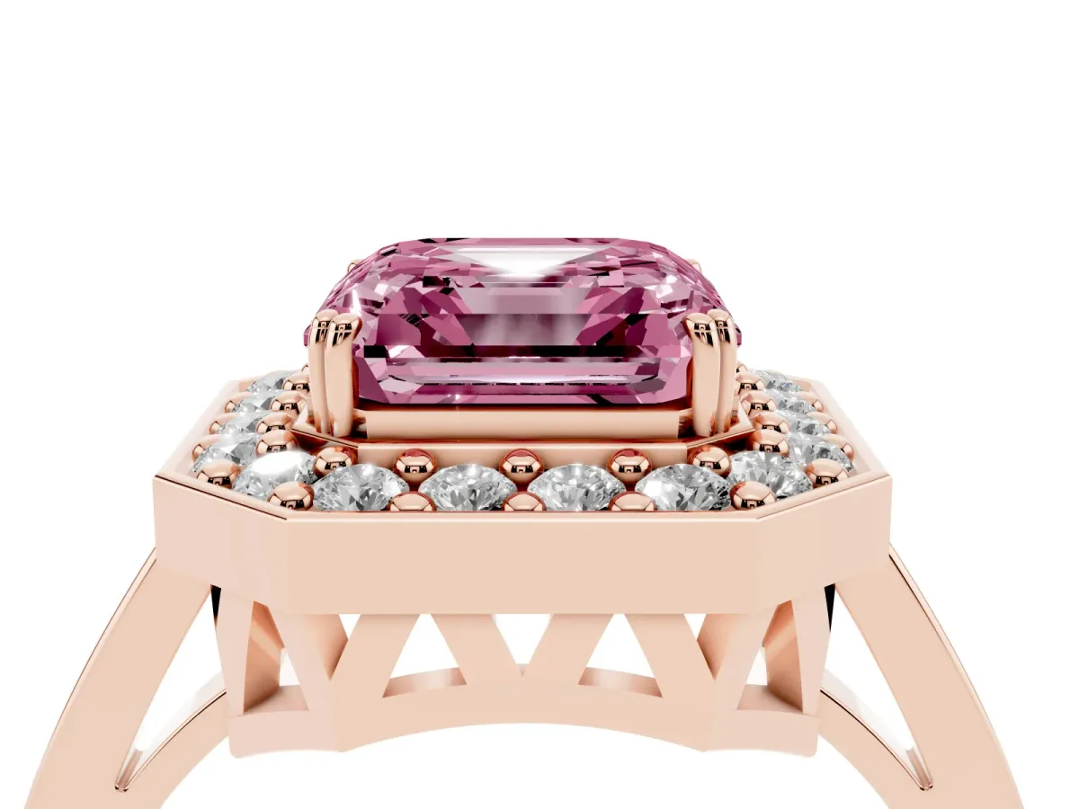 Fancy Pink Asscher Cut Diamond Halo Ring with Split Shank and Four-Prong Setting Rose gold