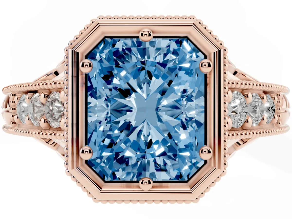 Fancy Blue Bezel Set Radiant Cut Diamond Milgrain Pave Engagement Ring Rose gold