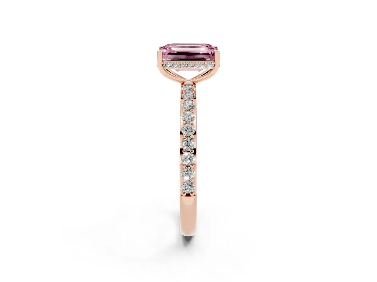 Fancy Pink Emerald Cut Diamond Solitaire Ring with Pavé Band and Hidden Halo Rose gold