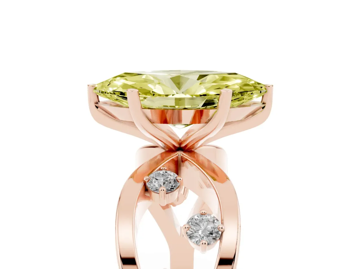 Fancy Yellow Marquise Cut Cut Solitaire Diamond with Side Stones on Criss-Cross Band and Four-Prong Setting Rose gold