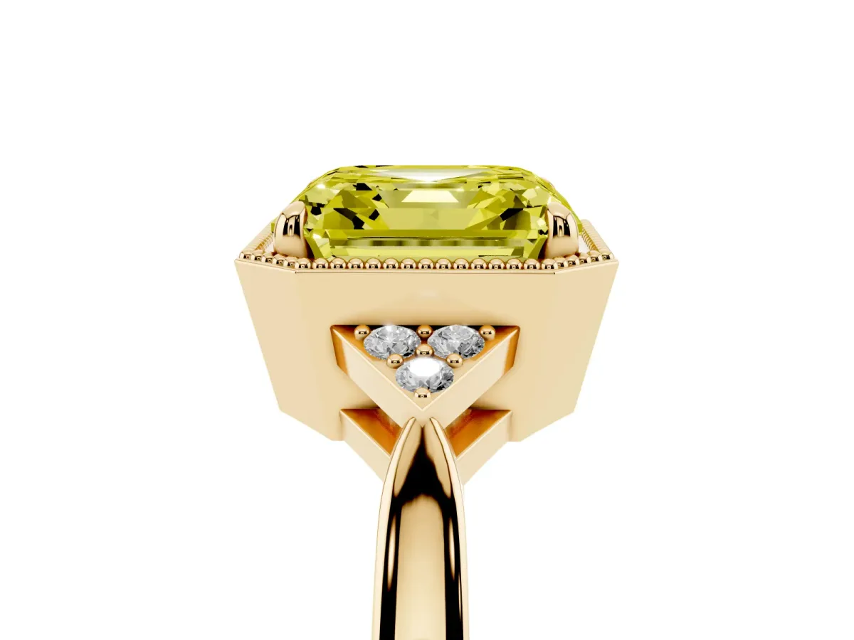 Fancy Yellow Asscher Cut Diamond Halo Ring with Tapered Band and Four-Prong Setting Yellow gold