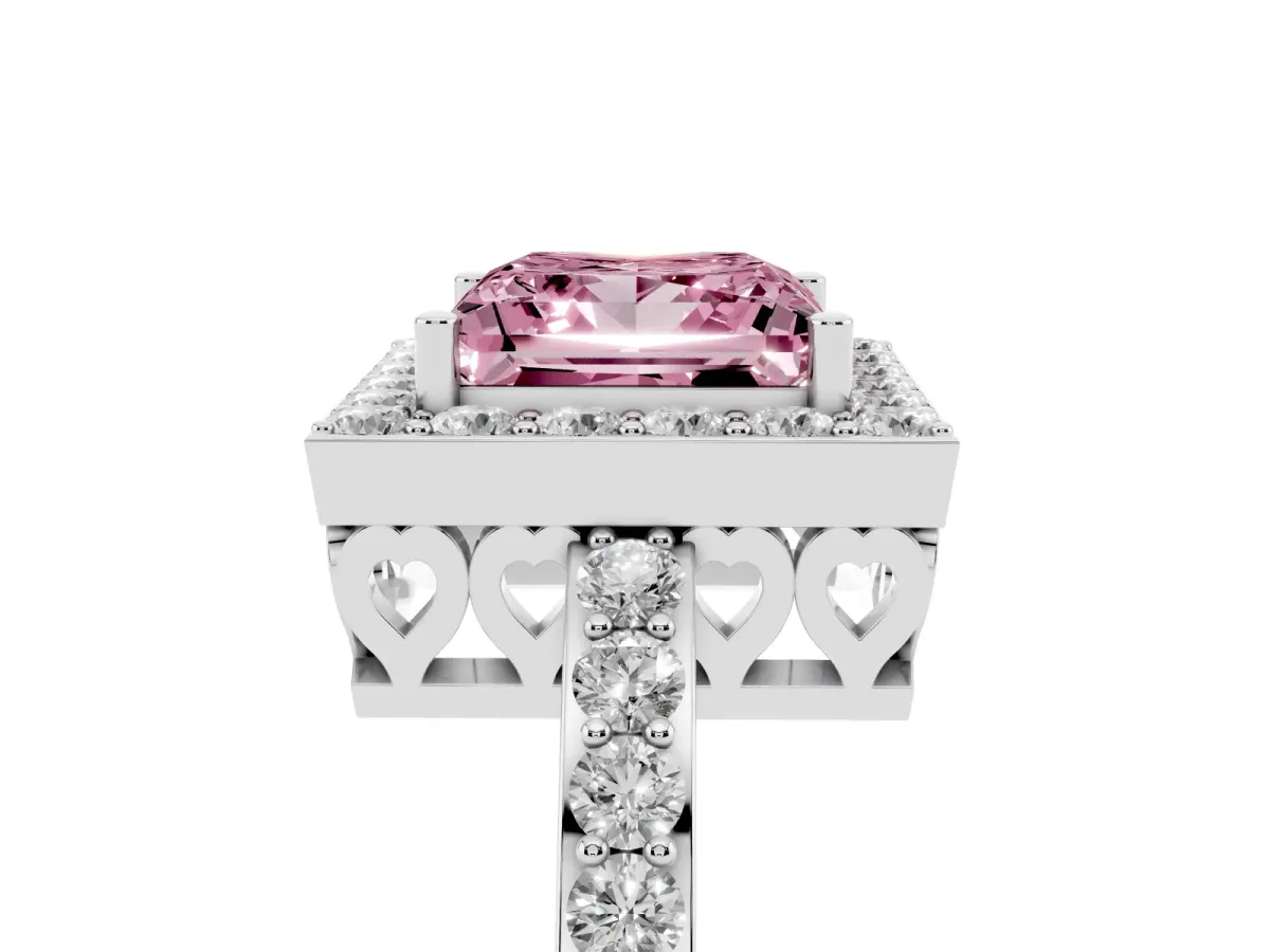 Fancy Pink Princess Cut Halo Diamond Pavé Band Ring with Prong Setting Silver