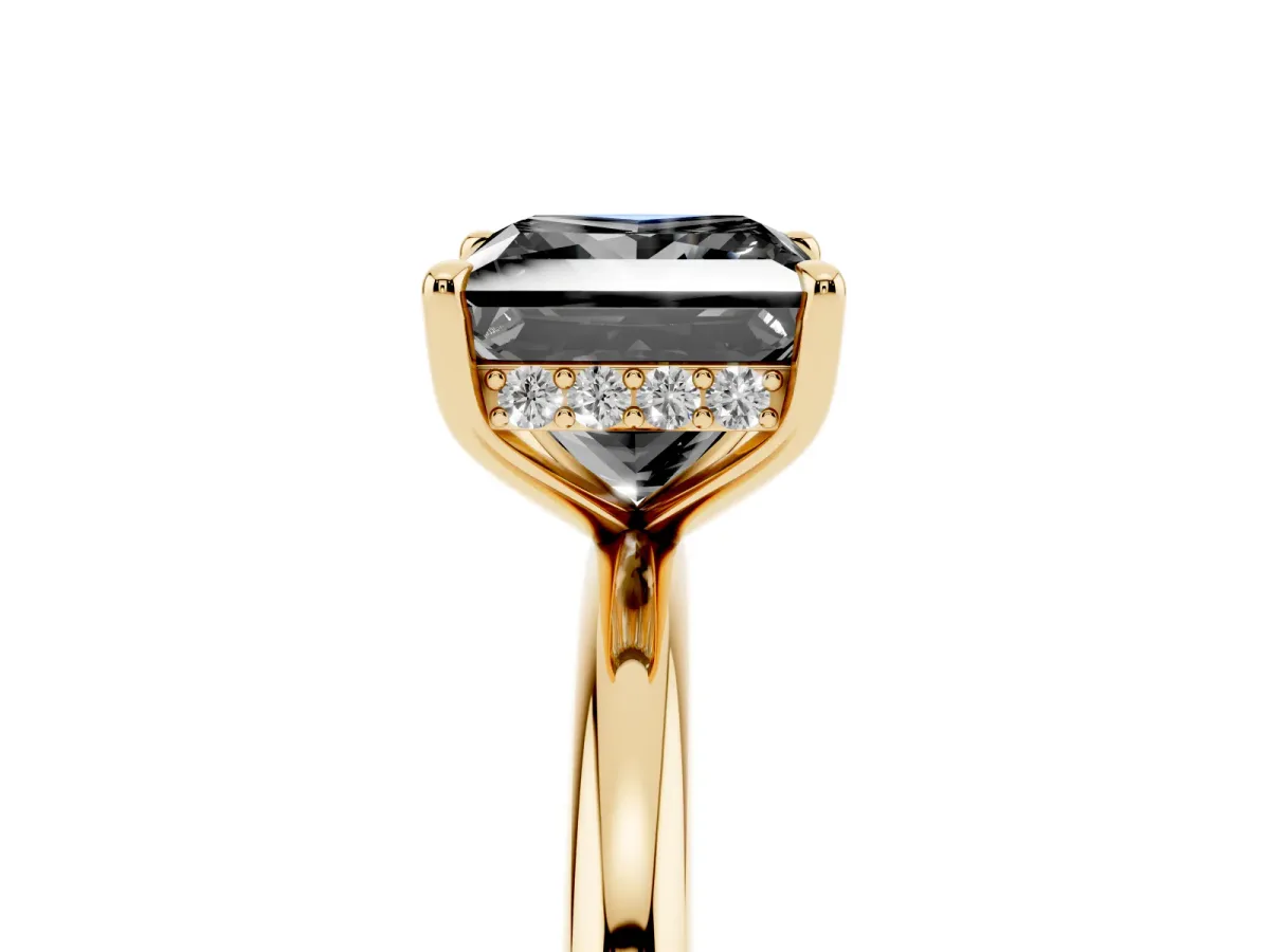 Fancy Black Princess Cut Diamond Solitaire Ring with Thin Band and Four-Prong Setting Yellow gold