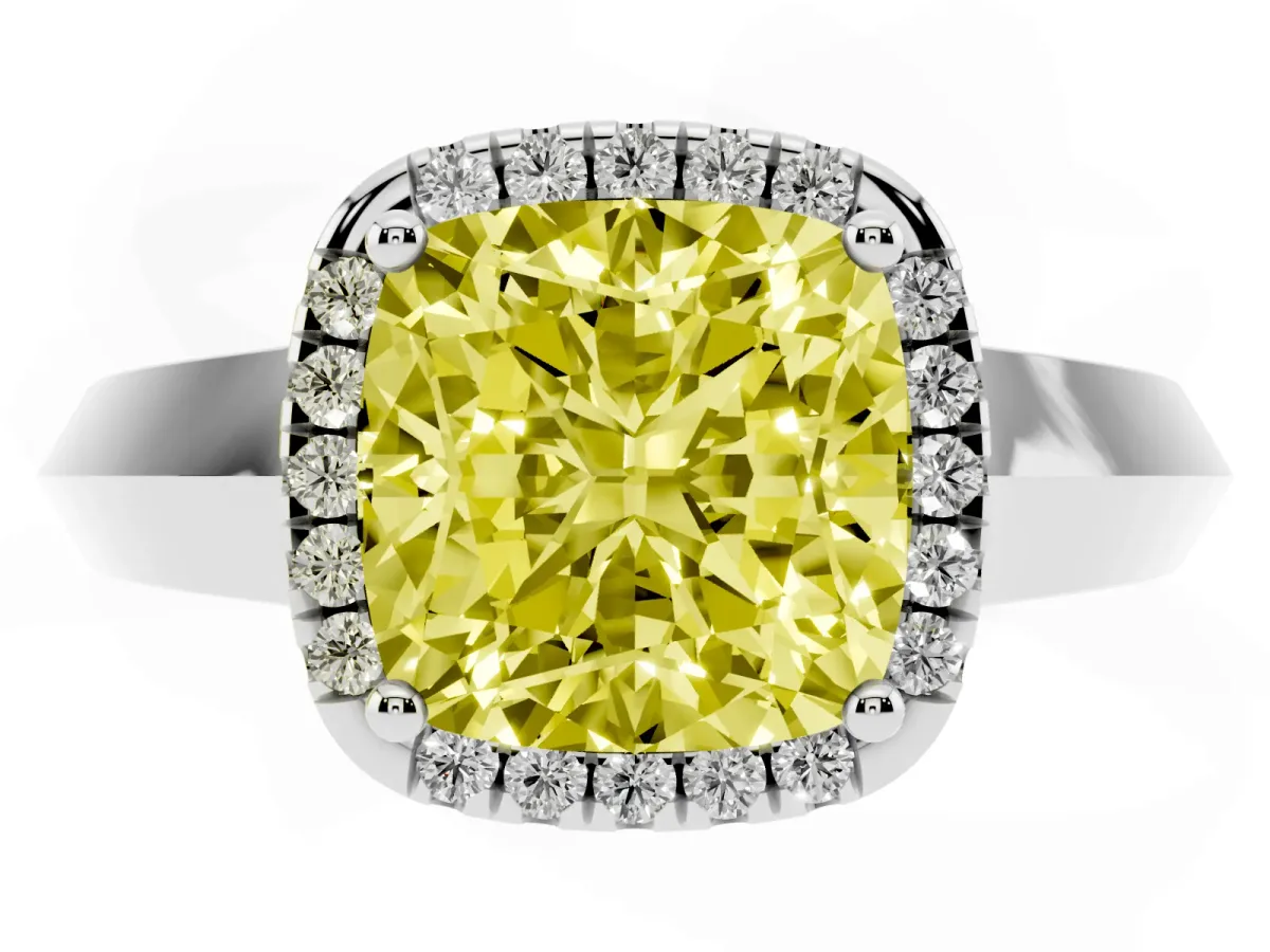 Fancy Yellow Cushion Cut Halo Diamond Ring with Cathedral Band and Four-Prong Setting Silver