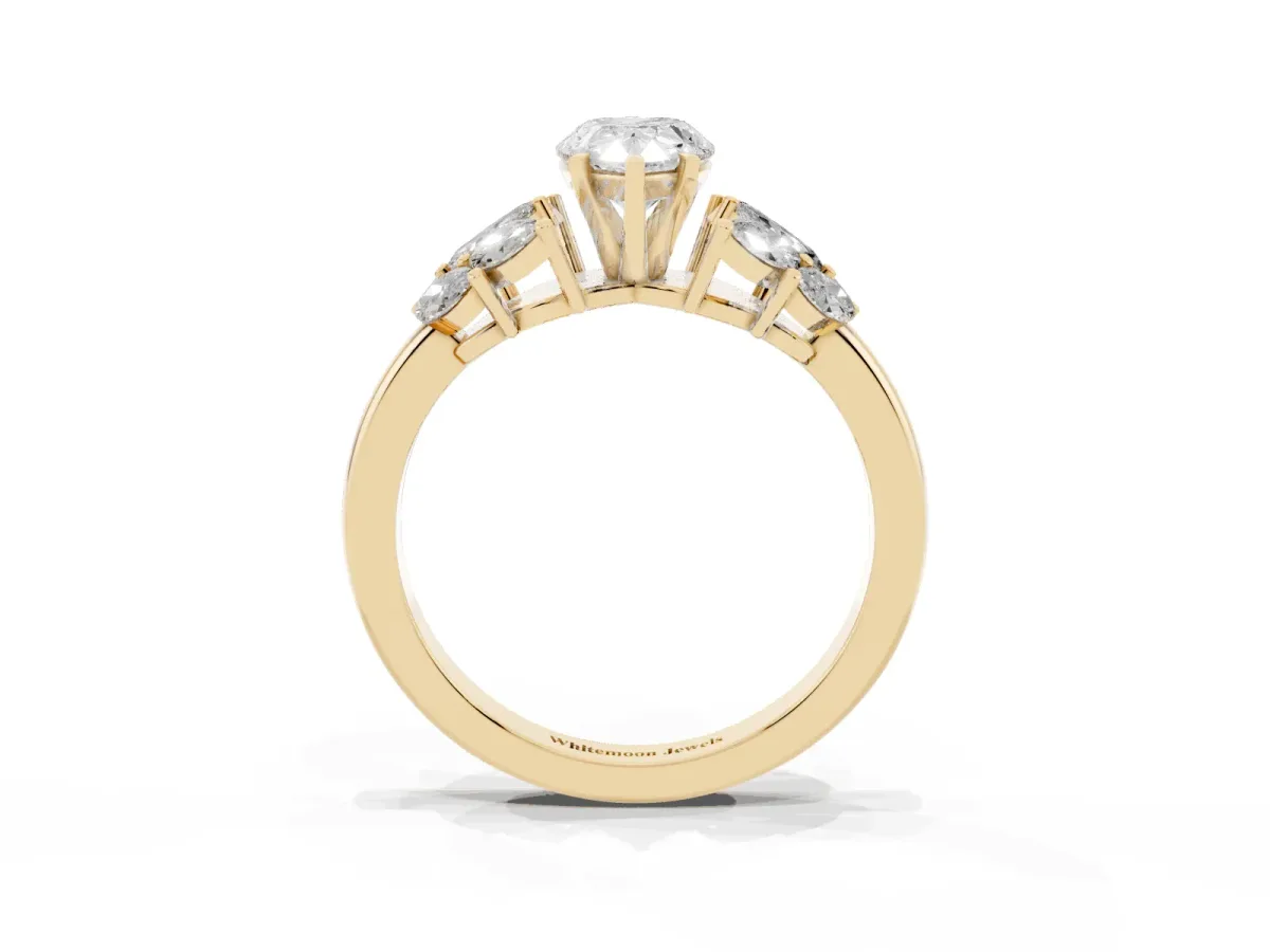 Pear Cut Diamond Cluster Leaf Design Ring with Prong Setting Yellow gold
