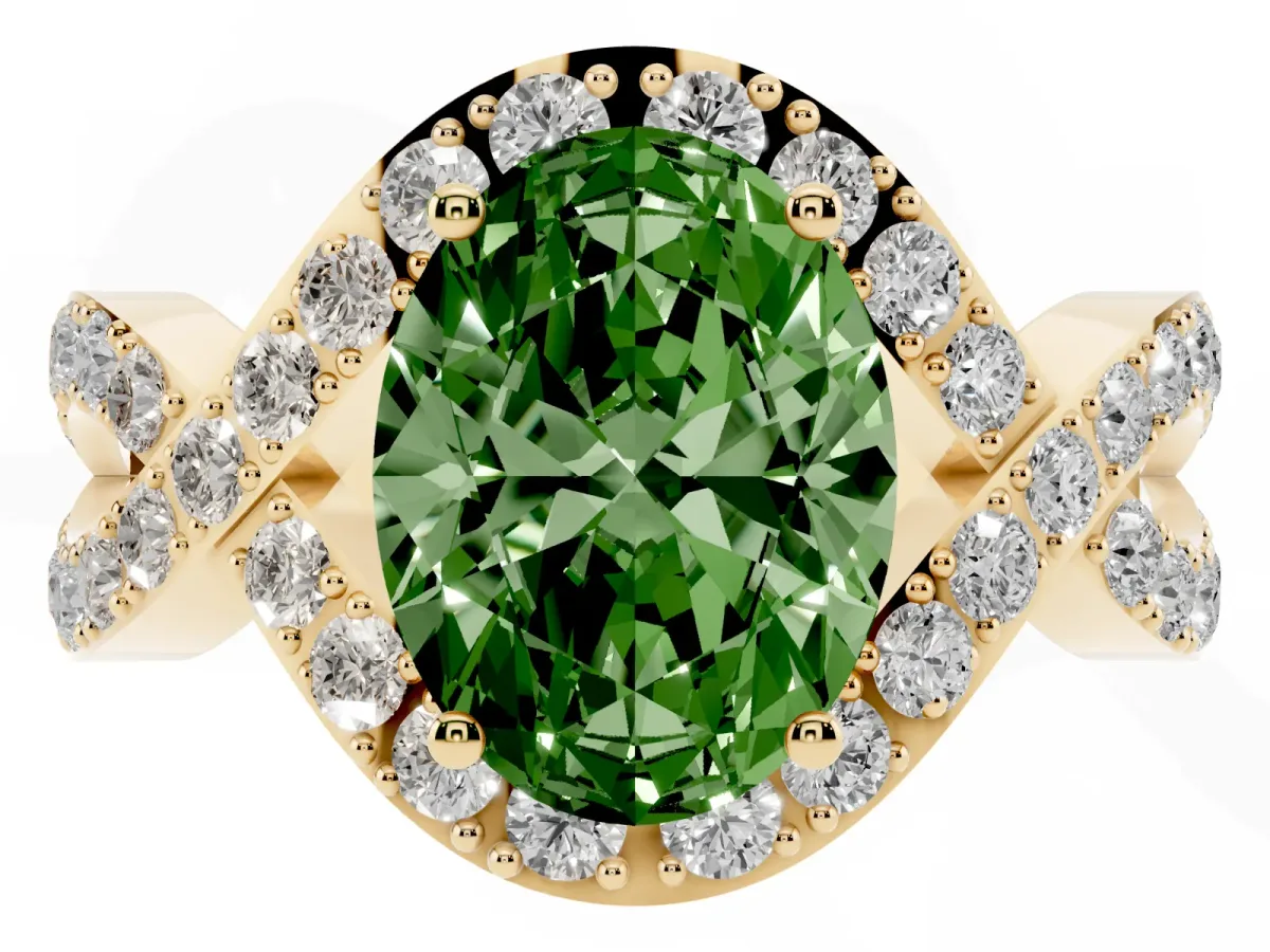 Fancy Green Oval Cut Solitaire Twist Band Pavé Diamond Engagement Ring Yellow gold