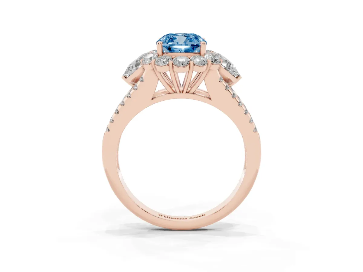 Fancy Blue Cushion Cut Halo Split Shank Diamond Engagement Ring with Prong Setting Rose gold