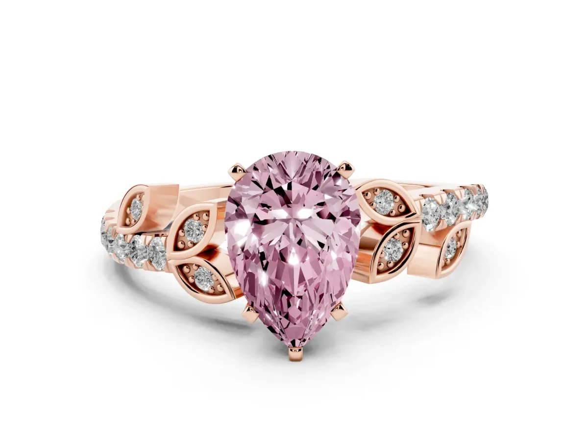 Fancy Pink Pear Cut Solitaire Leaf-Inspired Diamond Ring with Pavé Band and Four-Prong Setting Rose gold