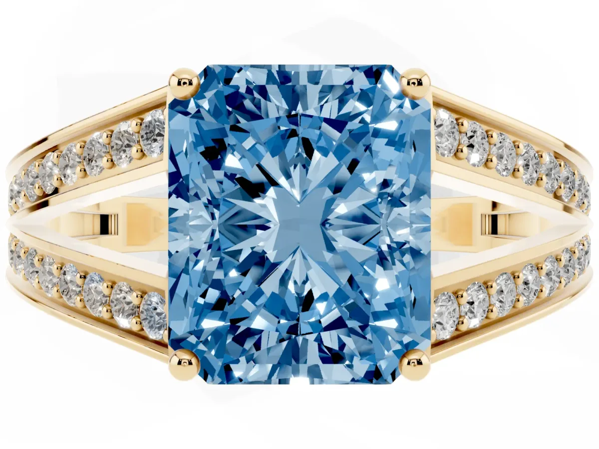 Fancy Blue Radiant Cut Diamond Split Shank Ring with Pavé Band and Four-Prong Setting Yellow gold
