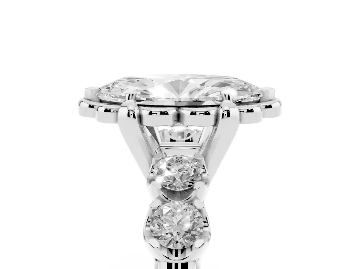 Marquise Cut Cut Diamond Floral Halo Engagement Ring with Shared Prong Setting Silver