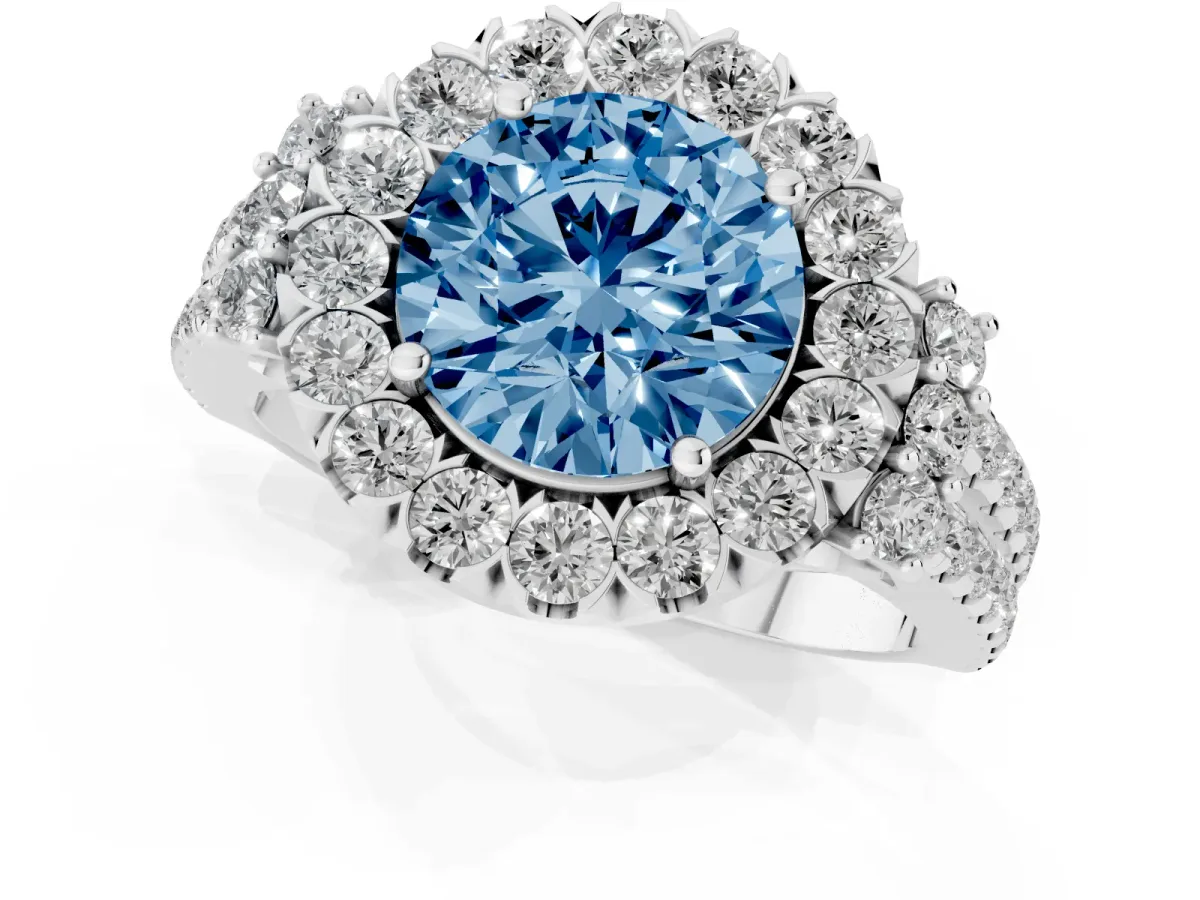 Fancy Blue Round Cut Cut Double Halo Diamond Engagement Ring with Pave Band and Four-Prong Setting Silver