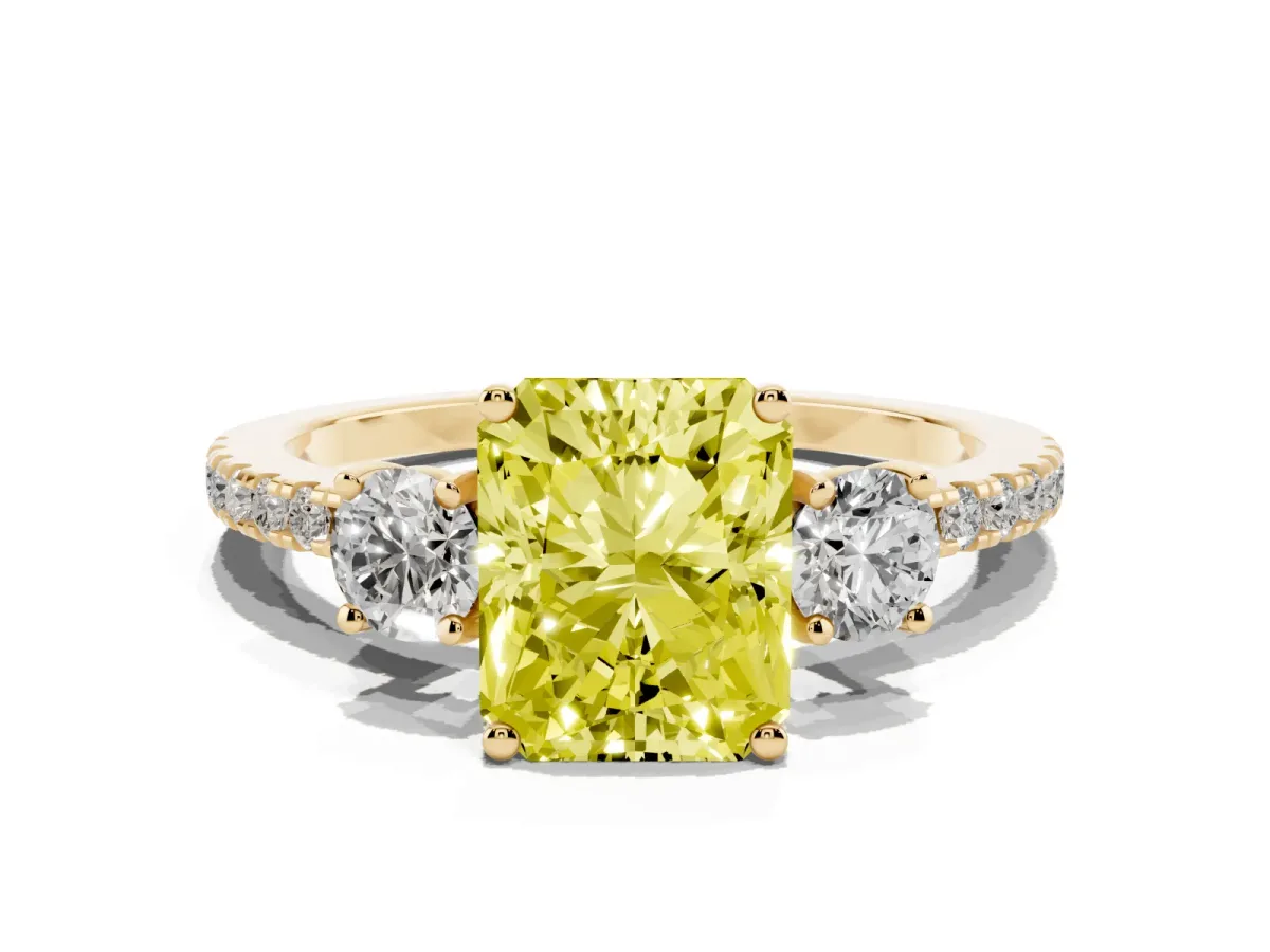 Fancy Yellow Three-Stone Radiant Cut Cut Diamond Pavé Band with Prong Setting Yellow gold