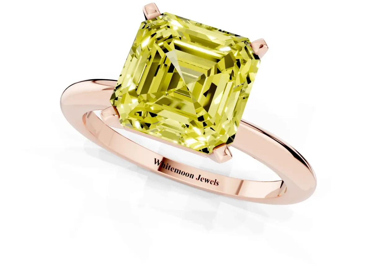 Fancy Yellow Asscher Cut Diamond Solitaire Ring with Prong Setting and Classic Band Rose gold