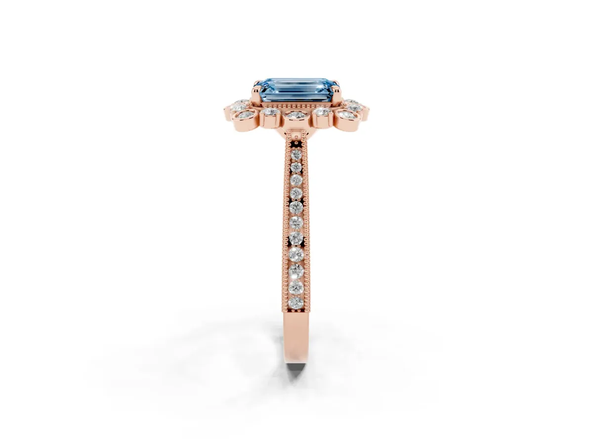 Fancy Blue Emerald Cut Halo Milgrain Pave Diamond Ring with Four-Prong Setting Rose gold
