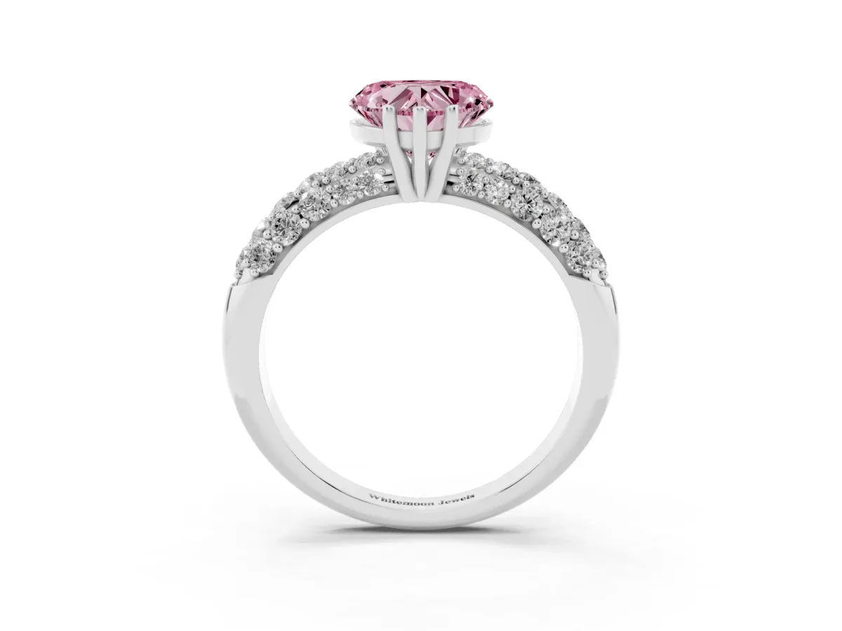 Fancy Pink Heart Cut Diamond Pavé Band Solitaire Ring with Four-Prong Setting White gold