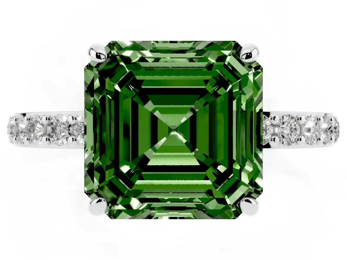 Fancy Green Asscher Cut Diamond Solitaire Engagement Ring with Pavé Band and Four-Prong Setting White gold