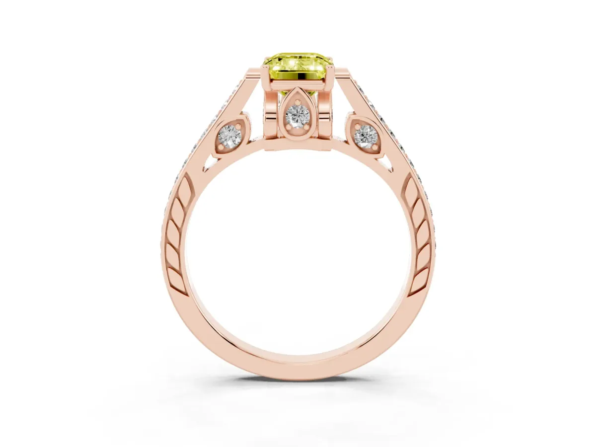 Fancy Yellow Emerald Cut Cut Cathedral Pave Diamond Engagement Ring with Six-Prong Setting Rose gold