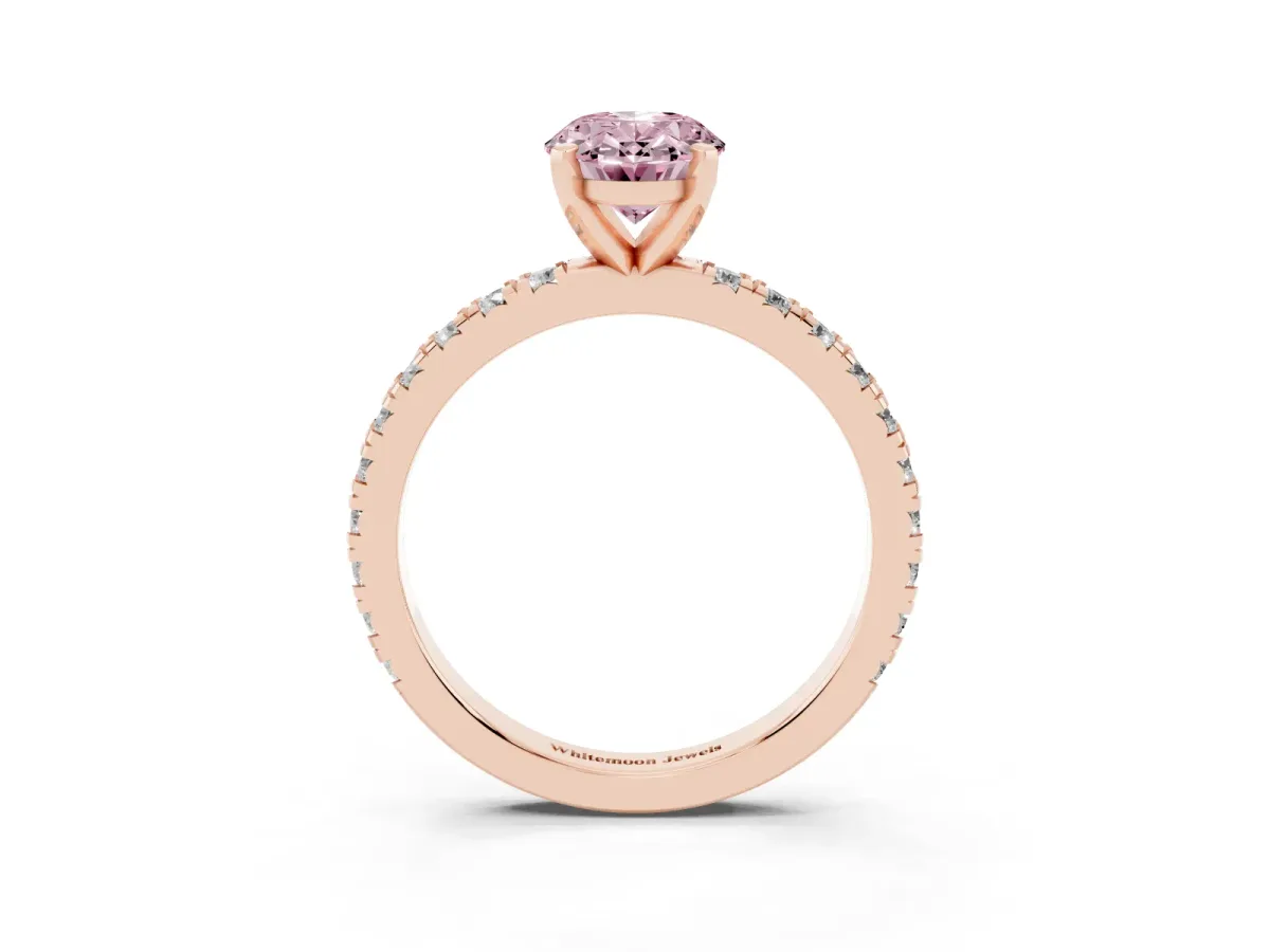 Fancy Pink Oval Cut Diamond Pavé Band Solitaire with Four-Prong Setting Rose gold