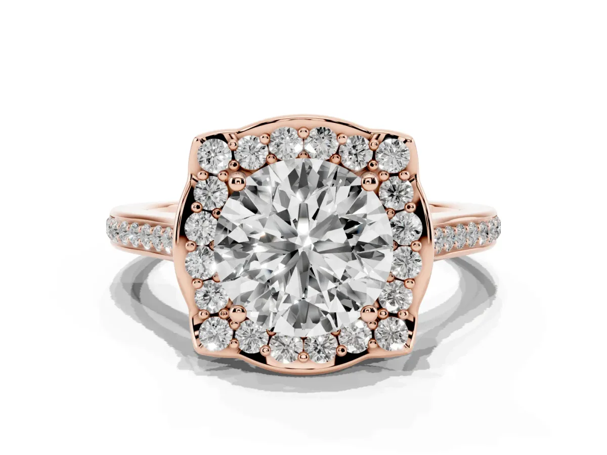 Round Cut Halo Round Diamond Pave Band with Four-Prong Setting Rose gold