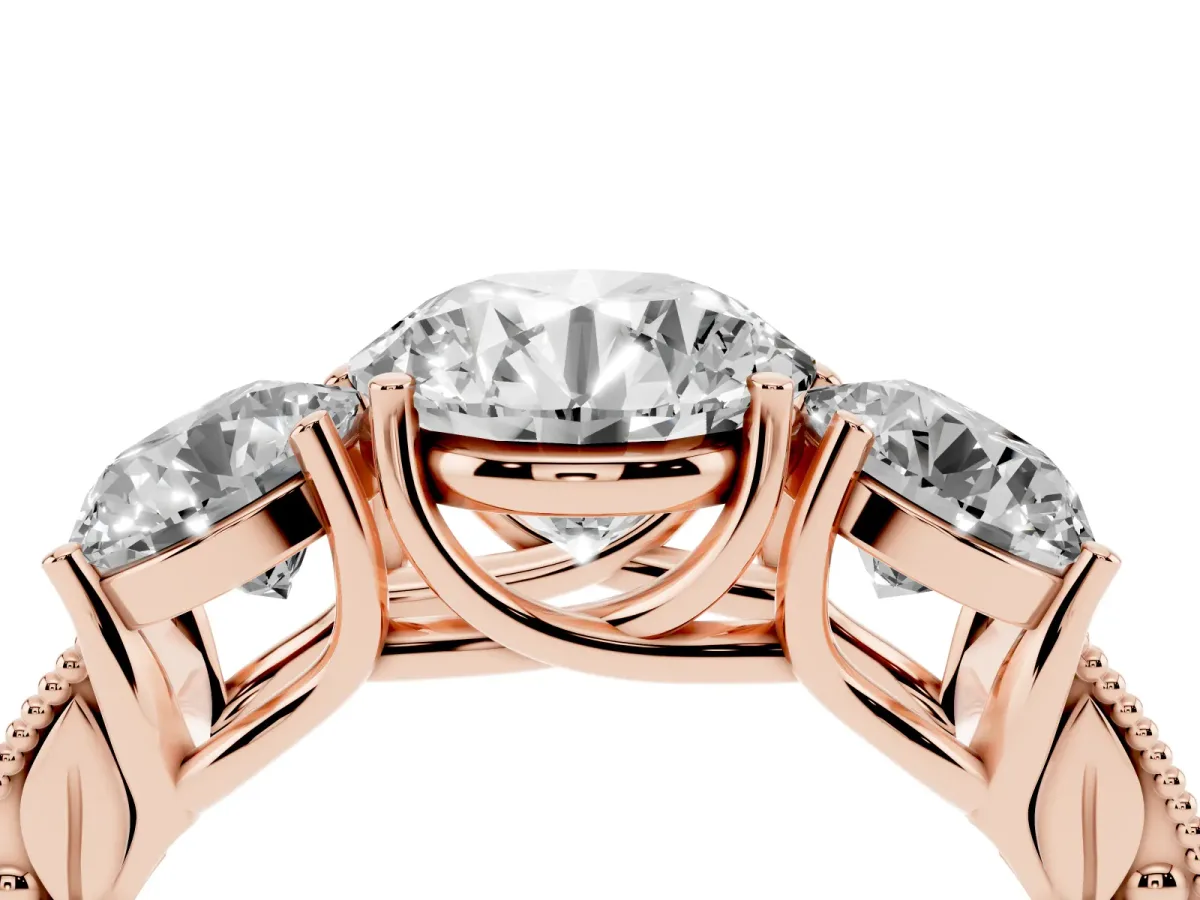 Three-Stone Round Cut Cut Milgrain Pavé Engagement Ring Rose gold