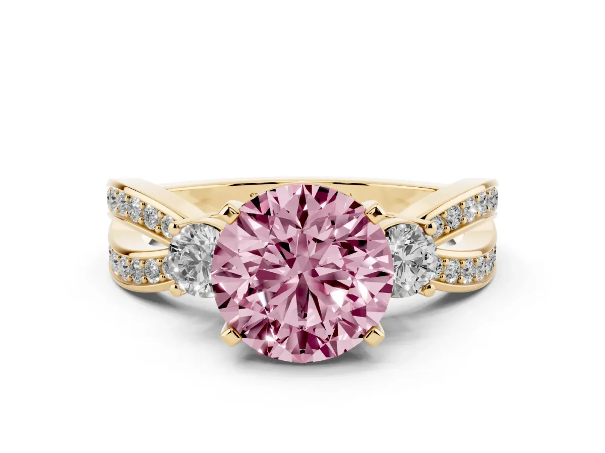 Fancy Pink Three-Stone Round Cut Cut Diamond Twist Band with Prong Setting Yellow gold