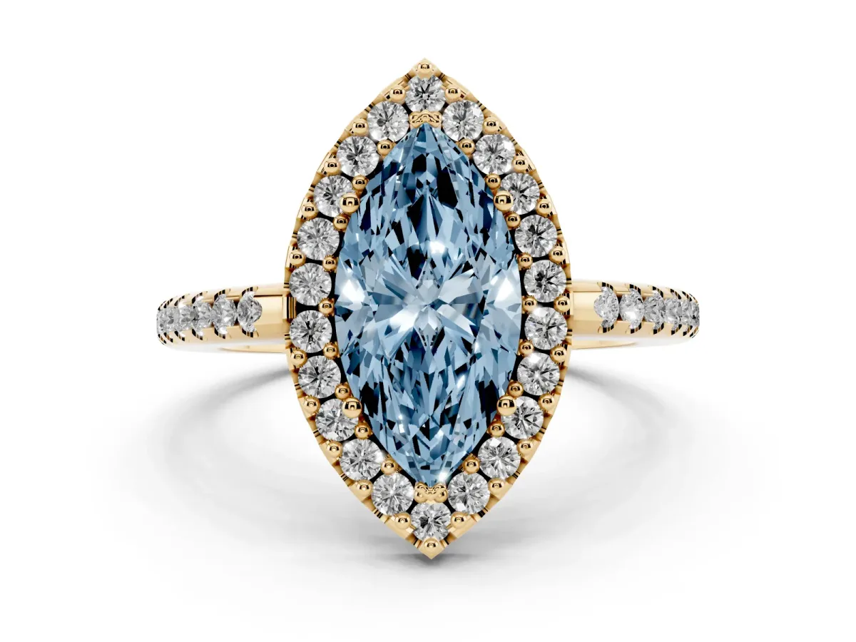 Fancy Blue Marquise Cut Diamond Pavé Halo Ring with Four-Prong Setting Yellow gold