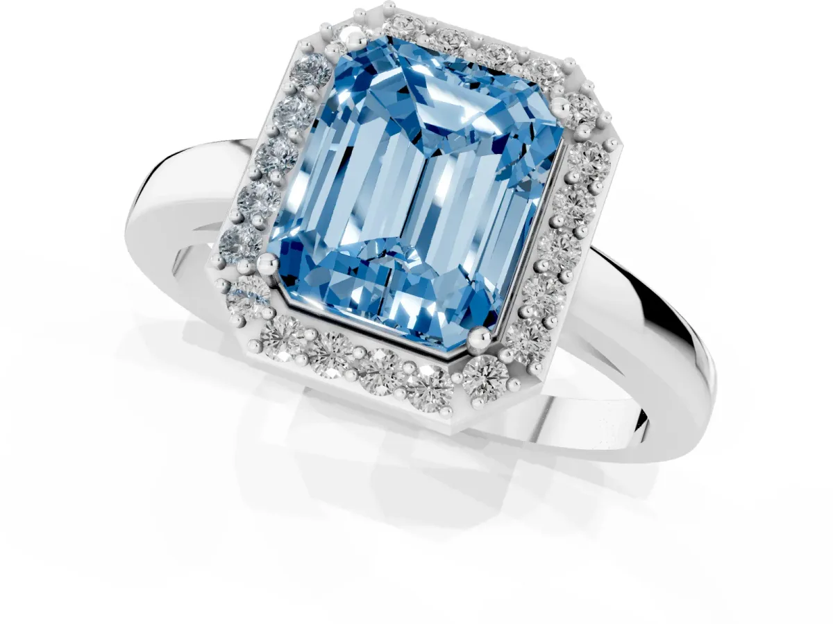 Fancy Blue Radiant Cut Halo Diamond Ring with Solitaire Band and Prong Setting Silver