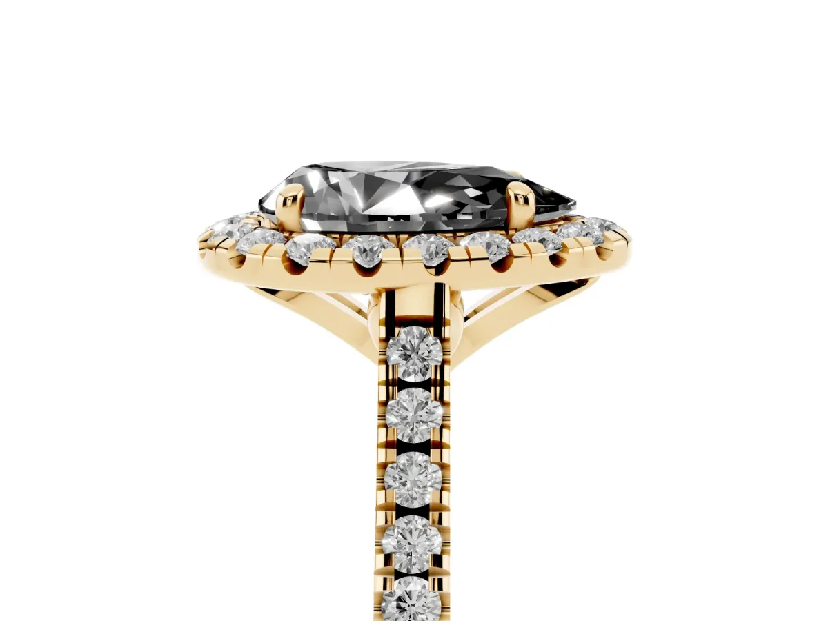 Fancy Black Pear Cut Diamond Cushion Halo Ring with Pavé Band Yellow gold