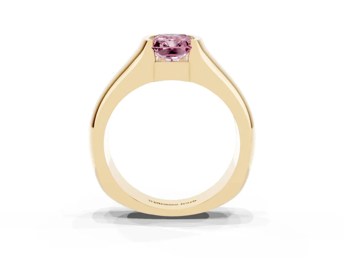 Fancy Pink Radiant Cut Solitaire Bezel Set Diamond Ring with Wide Band Yellow gold